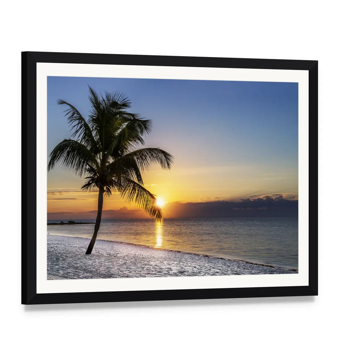 Golden Hour Beach Palm Silhouette Canvas Wall Art, framed print with white mat and black frame, angled product view