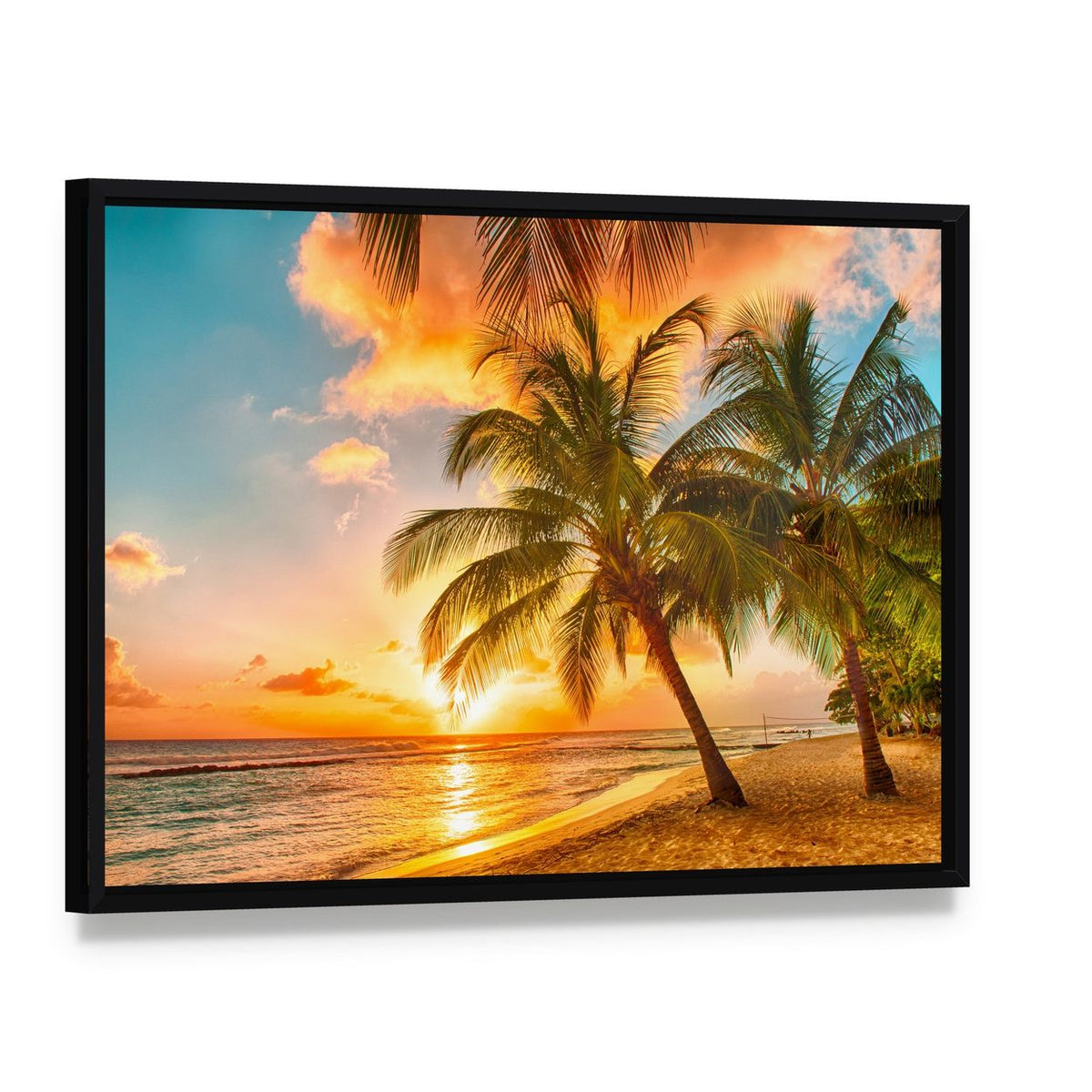 Sunset Beach in Barbados Canvas Wall Art, framed canvas in a black floater frame, angled product view