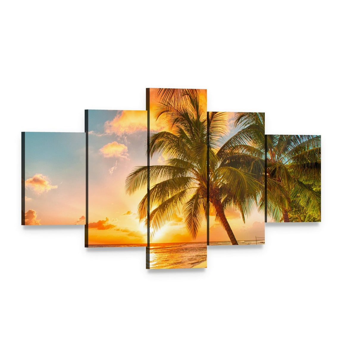 Sunset Beach in Barbados Canvas Wall Art, 5 panel 5 Star layout gallery wrapped canvas set, angled product view