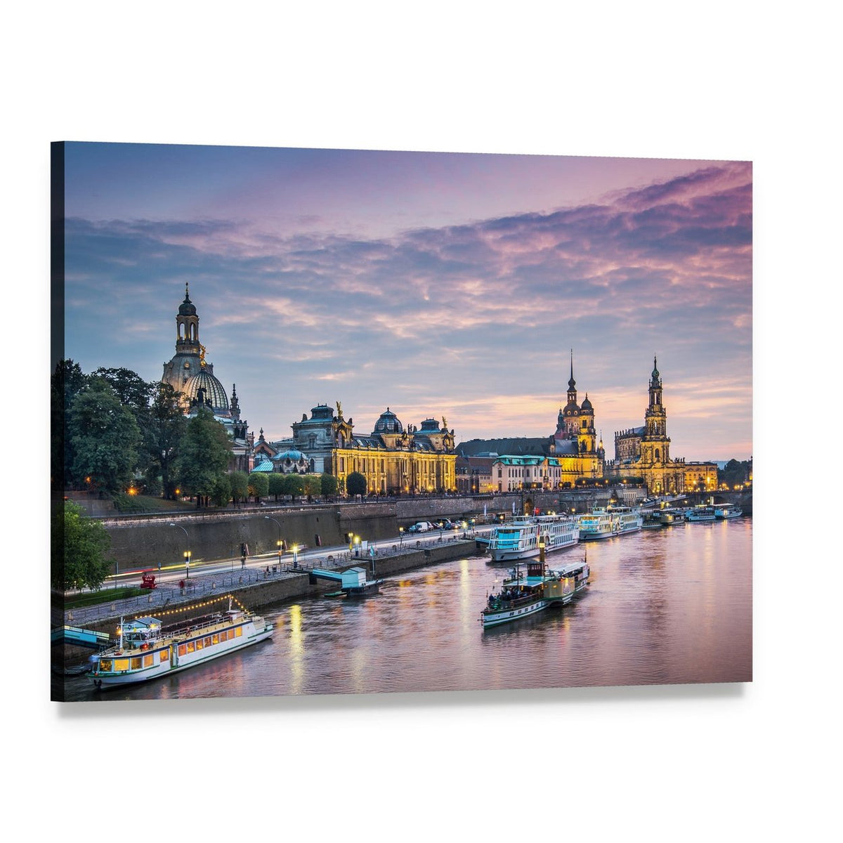Dresden Skyline Along the Elbe River Canvas Wall Art, single panel gallery wrapped canvas, angled product view