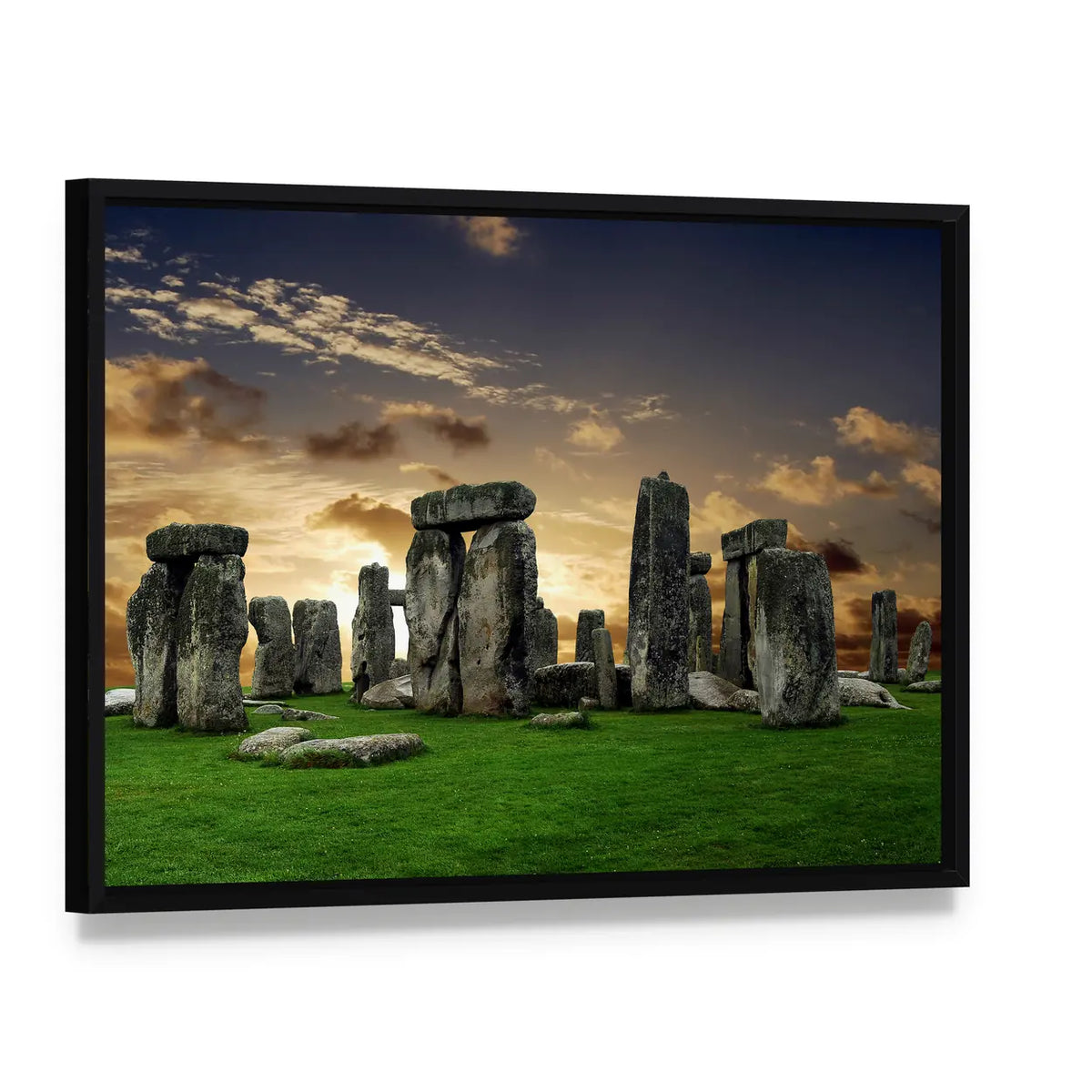 Stonehenge at Sunset Canvas Wall Art, framed canvas in a black floater frame, angled product view