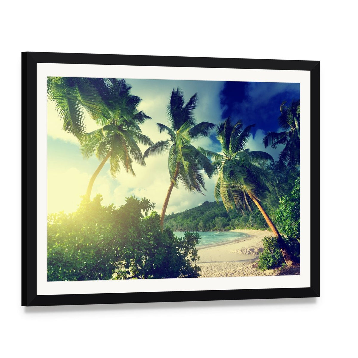 Sunset on the Beach Takamaka Mahe Island Canvas Wall Art, framed print with white mat and black frame, angled product view