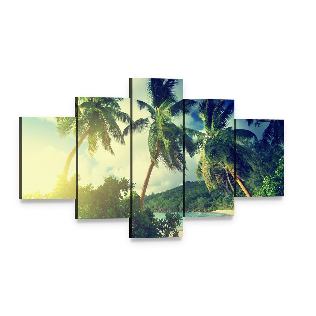 Sunset on the Beach Takamaka Mahe Island Canvas Wall Art, 5 panel 5 Star layout gallery wrapped canvas set, angled product view