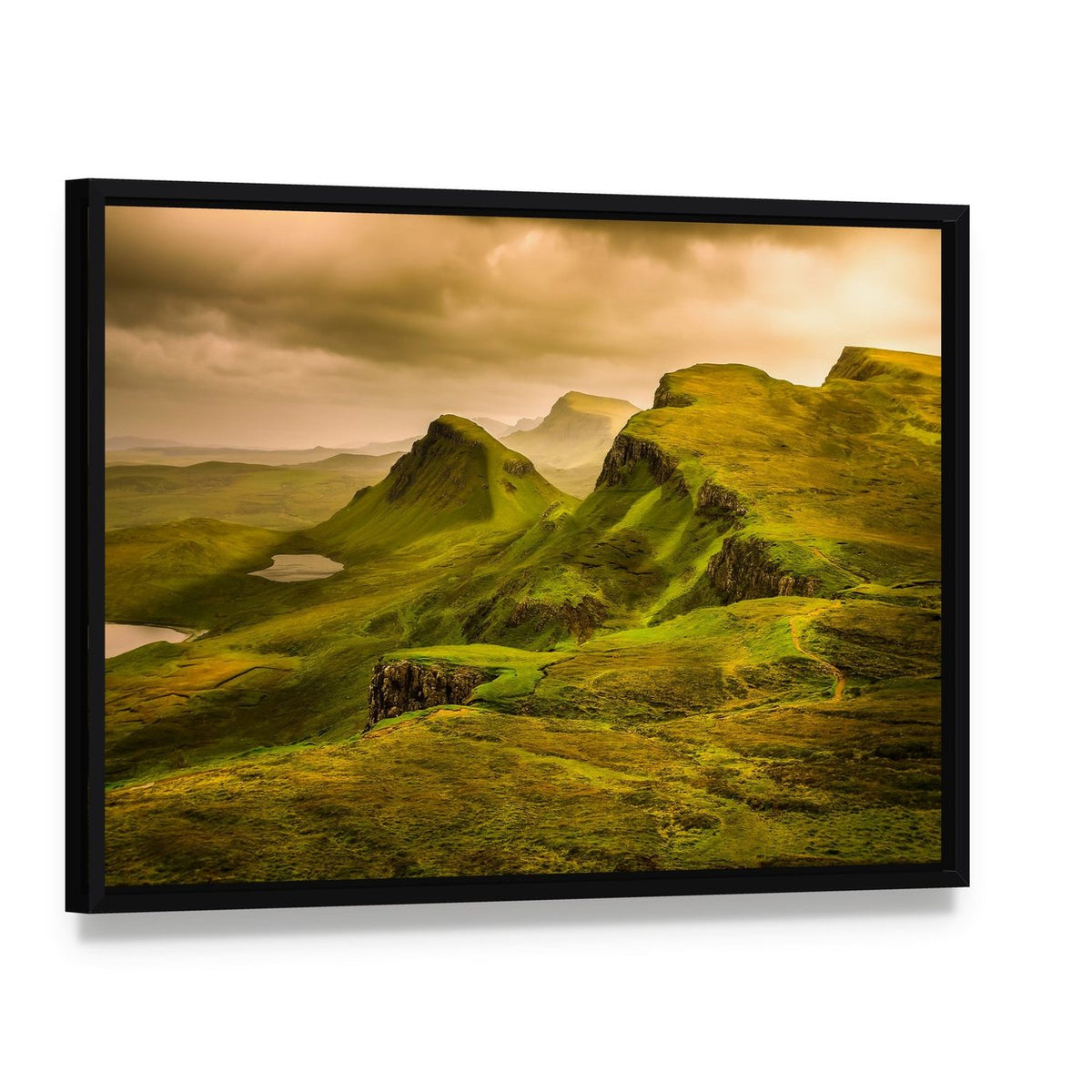 Quiraing Sunset Over Mountains Canvas Wall Art, framed canvas in a black floater frame, angled product view