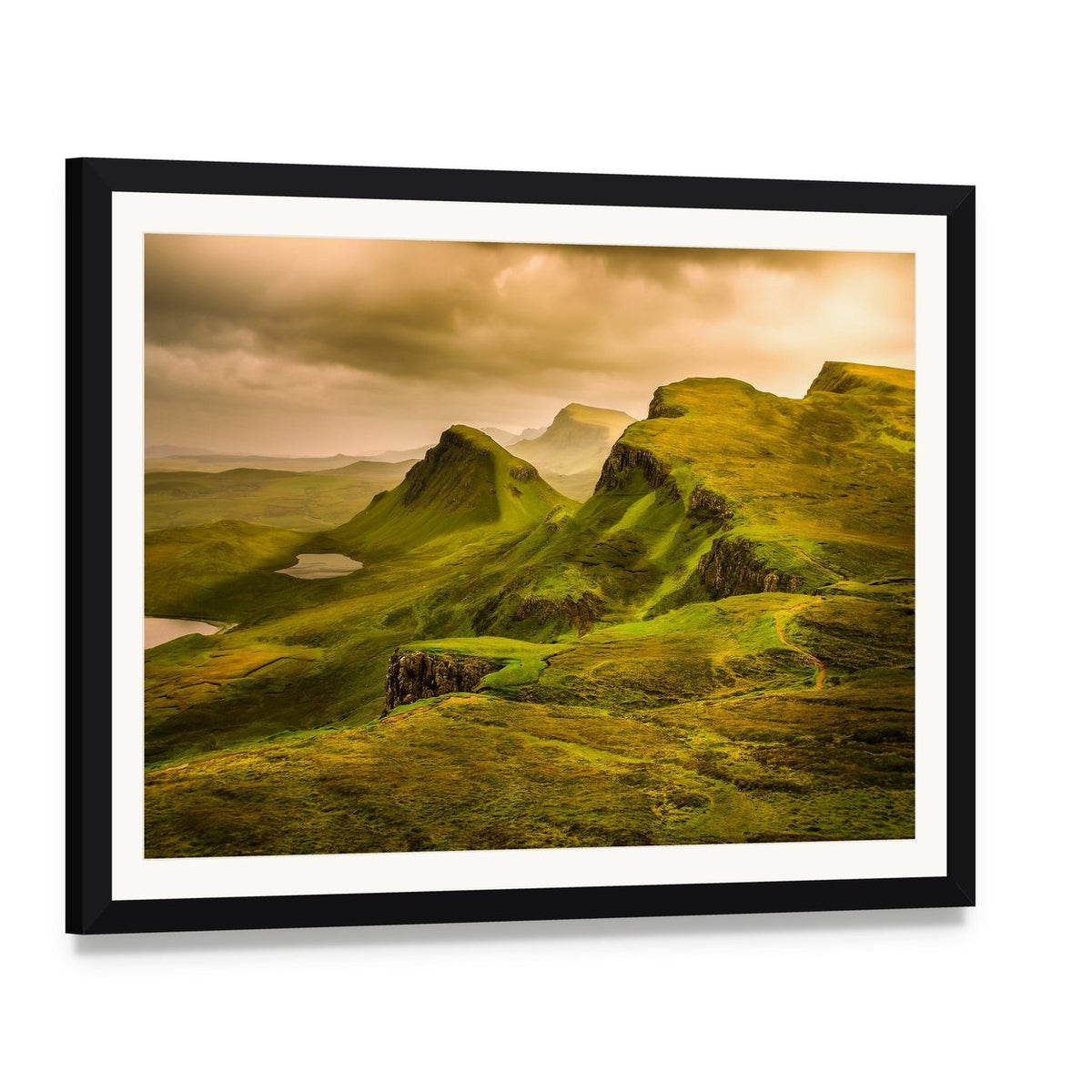Quiraing Sunset Over Mountains Canvas Wall Art, framed print with white mat and black frame, angled product view