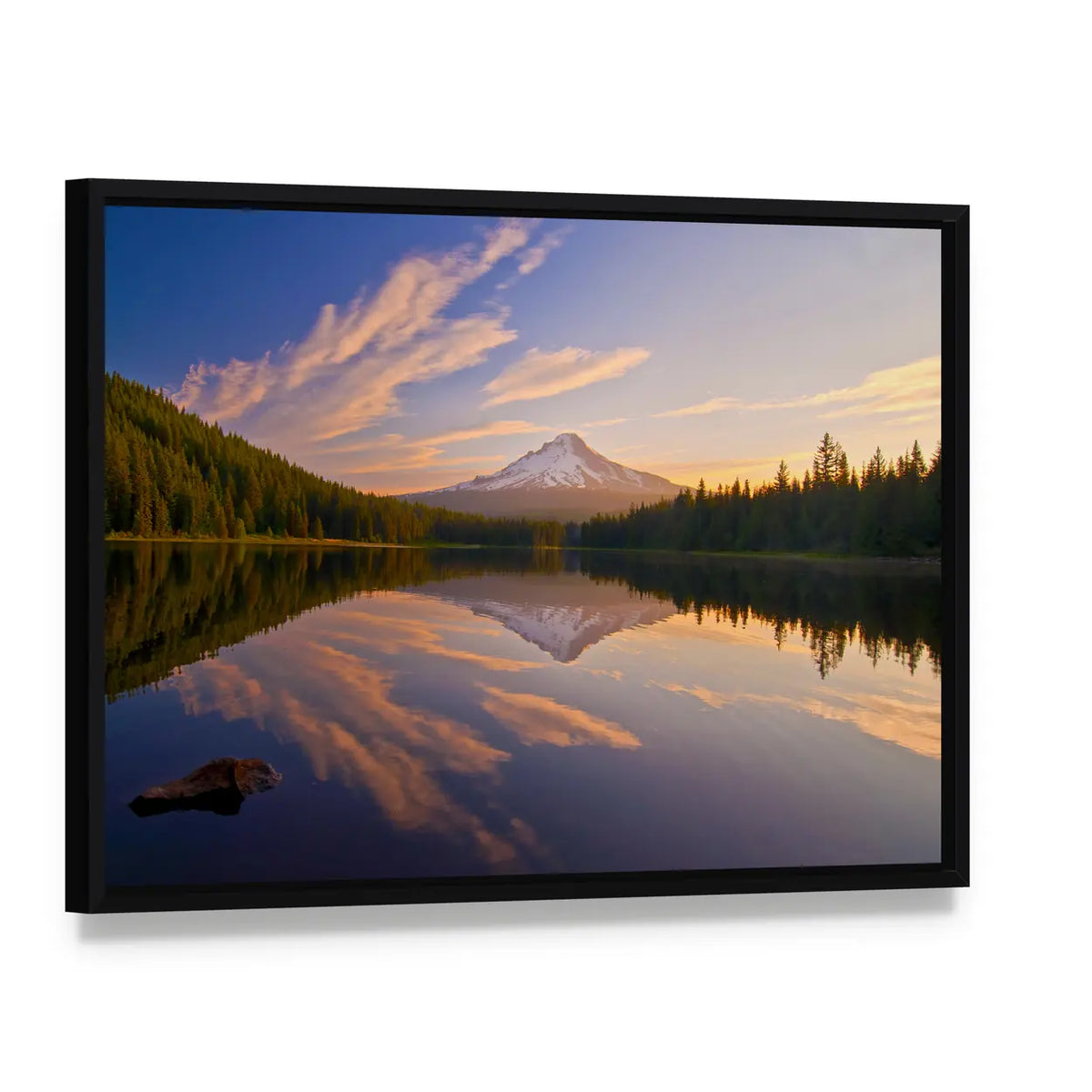Sunrise In Trillium Lake In Oregon Canvas Wall Art, framed canvas in a black floater frame, angled product view