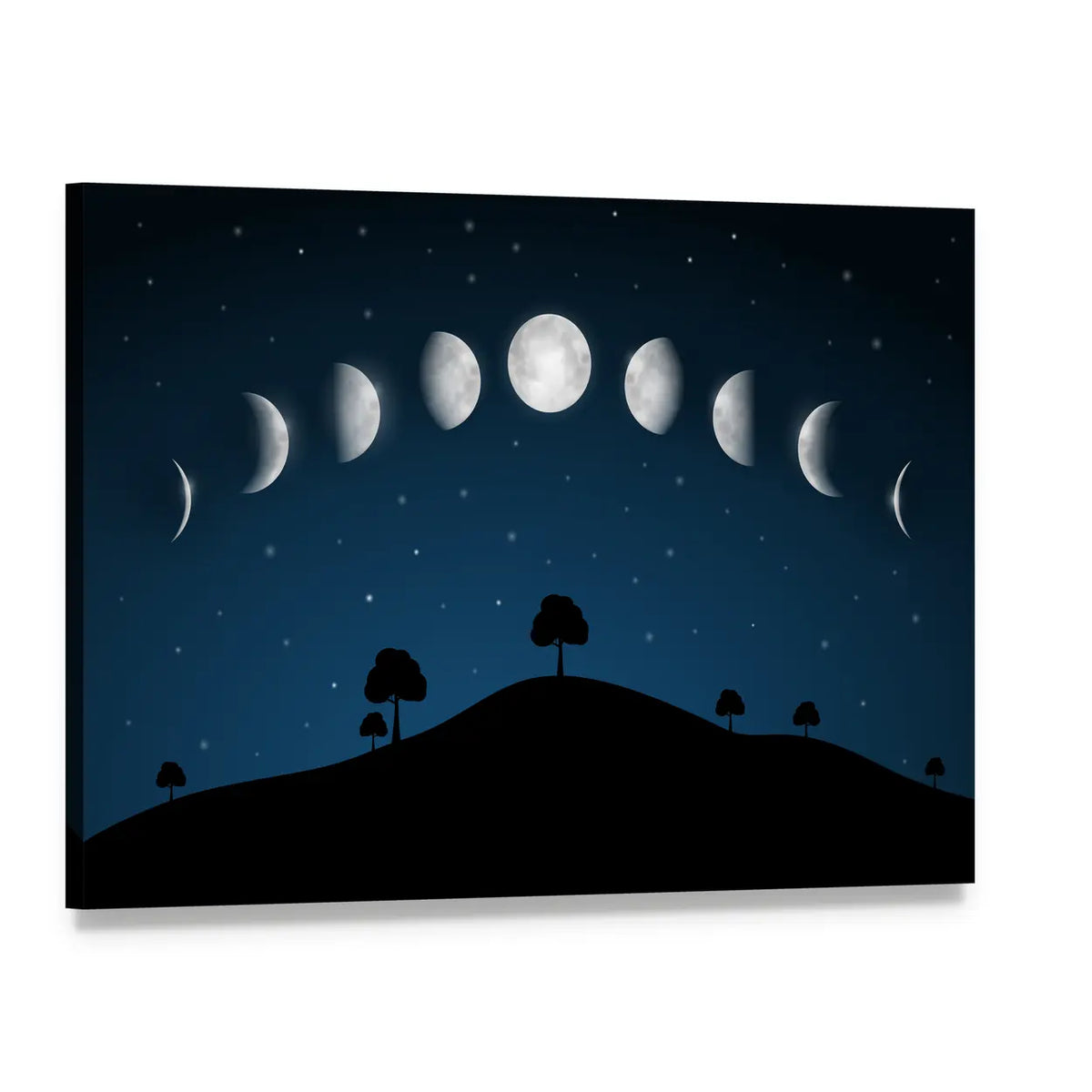 Nine Moon Phases Over Night Landscape Canvas Wall Art, single panel gallery wrapped canvas, angled product view