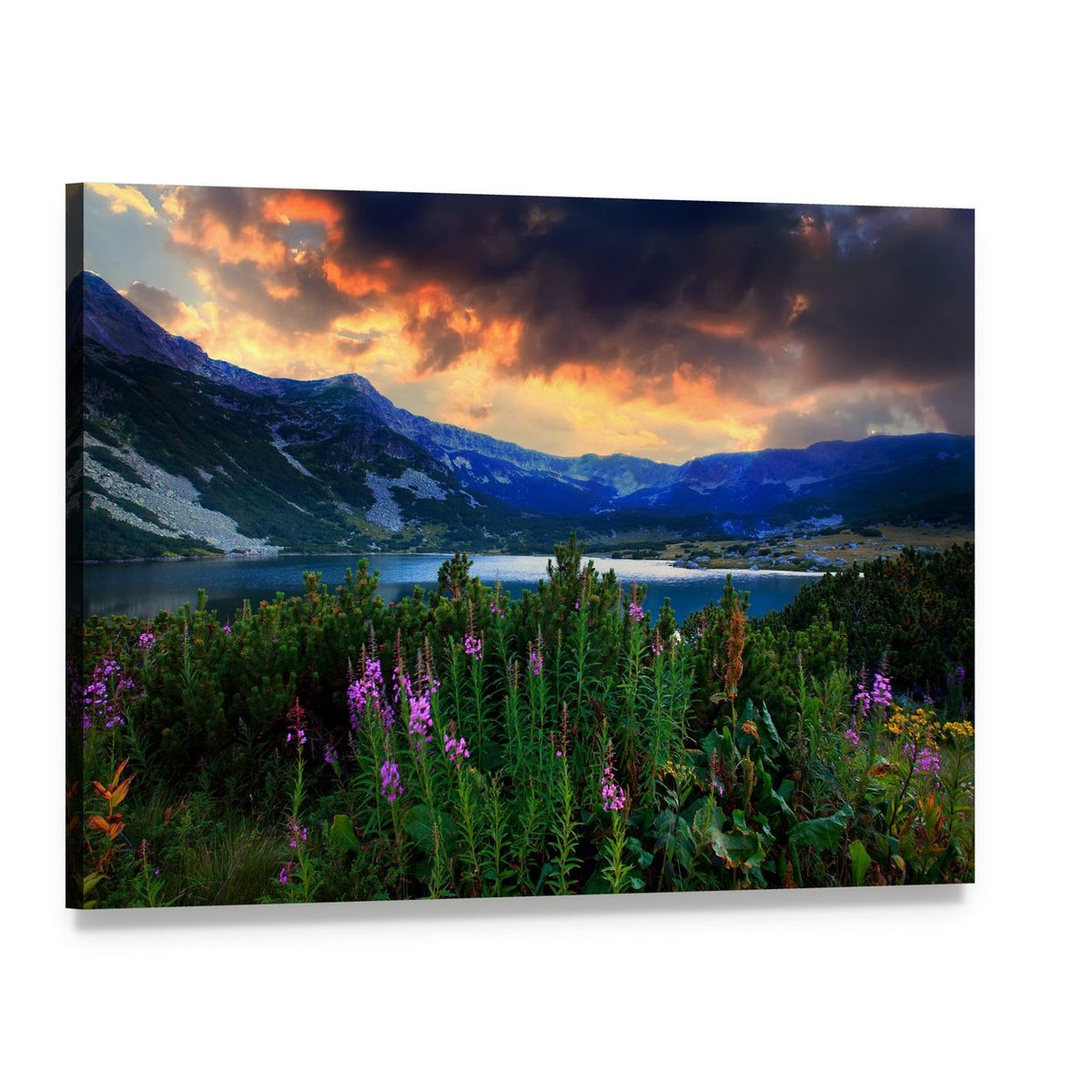 Rila Mountain Lake at Sunset Canvas Wall Art, single panel gallery wrapped canvas, angled product view