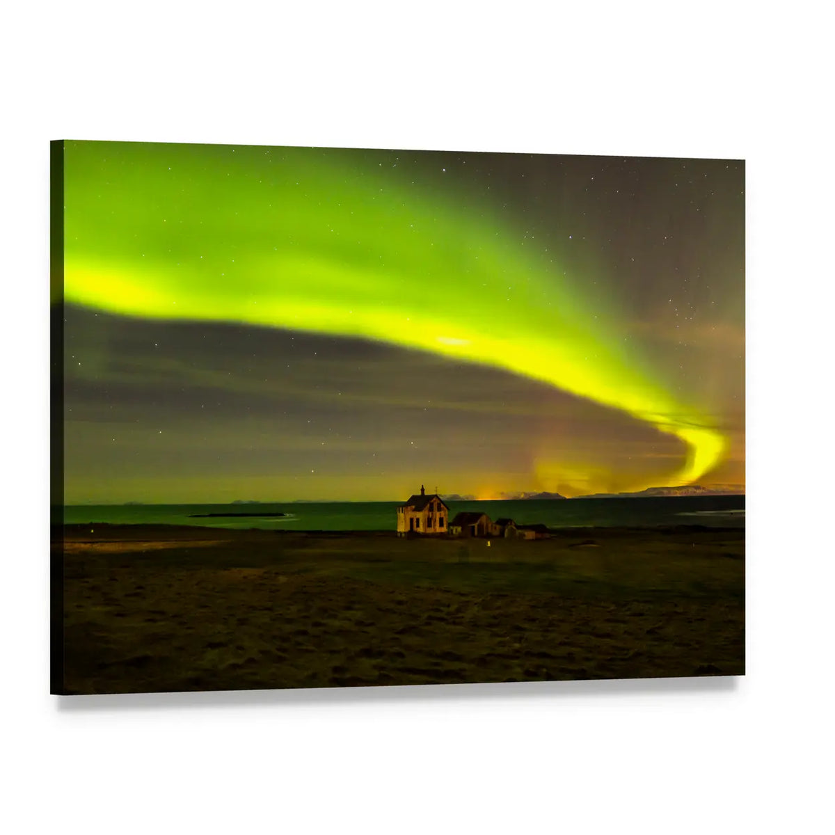 Northern Lights Over Iceland Canvas Wall Art, single panel gallery wrapped canvas, angled product view