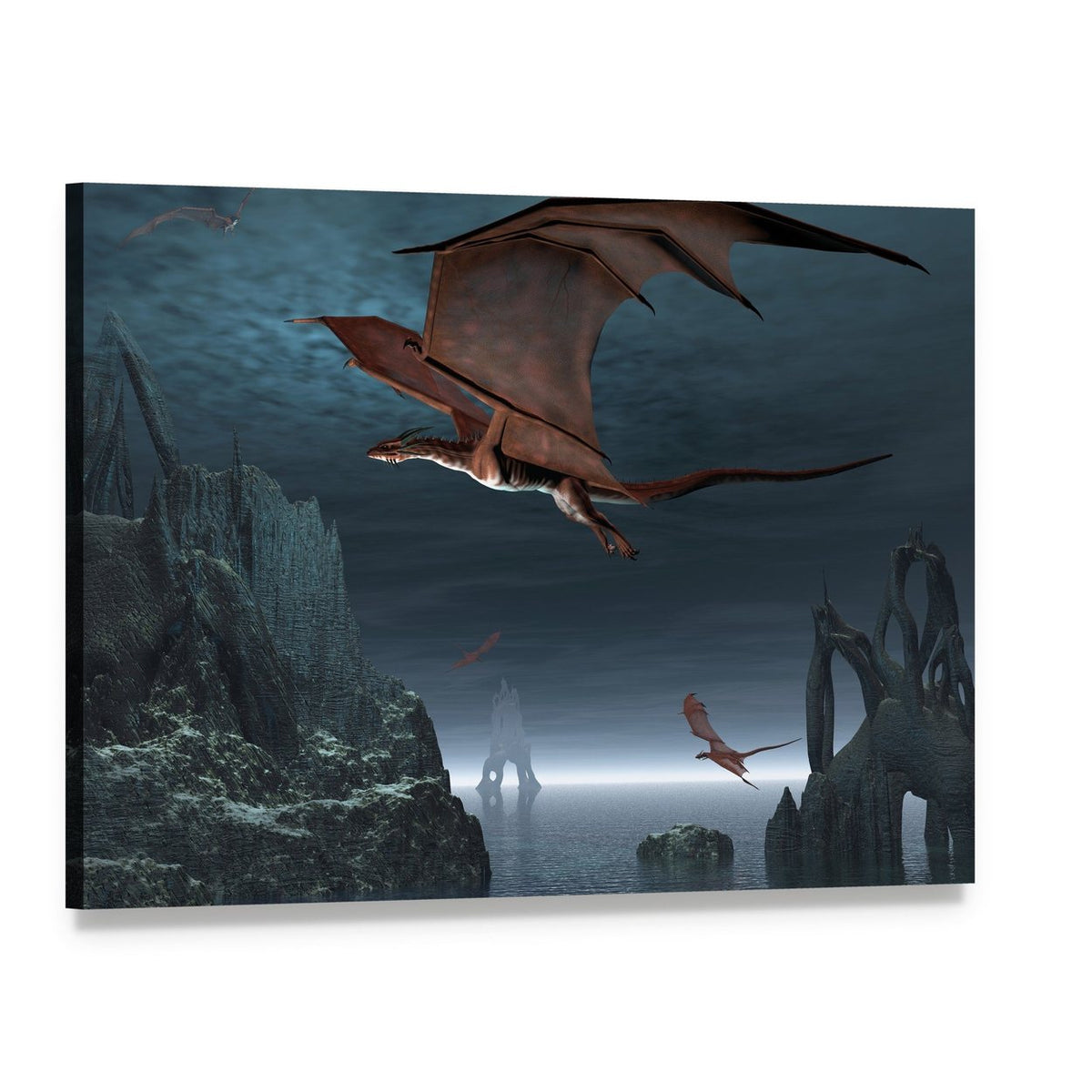 Red Dragons in Flight Canvas Wall Art, single panel gallery wrapped canvas, angled product view