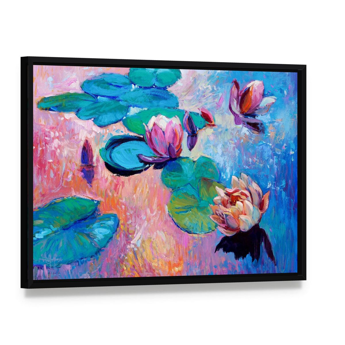 Watercolor Lilies Canvas Wall Art, framed canvas in a black floater frame, angled product view