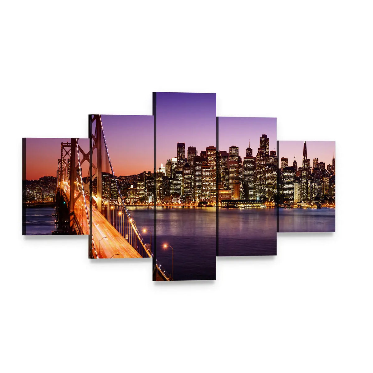 San Francisco Skyline and Bay Bridge at Sunset Canvas Wall Art, 5 panel 5 Star layout gallery wrapped canvas set, angled product view