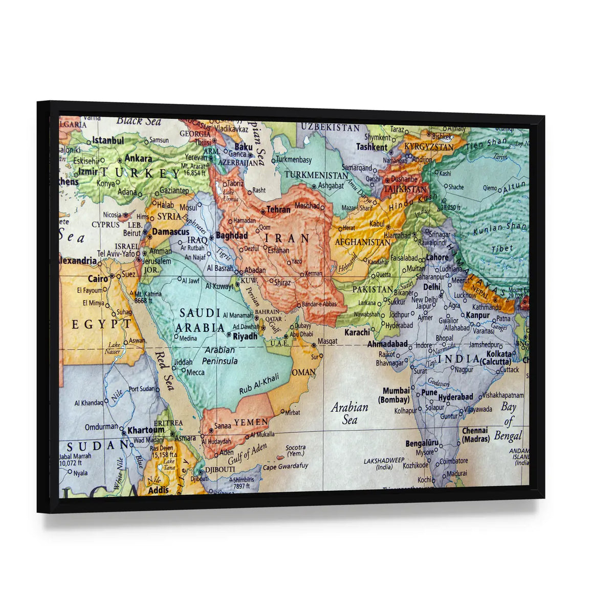 Map Of Middle East Canvas Wall Art, framed canvas in a black floater frame, angled product view