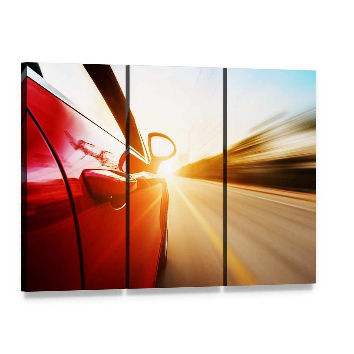 Red Car in High Speed Canvas Wall Art, 3 panel 3 Horizontal layout gallery wrapped canvas set, angled product view