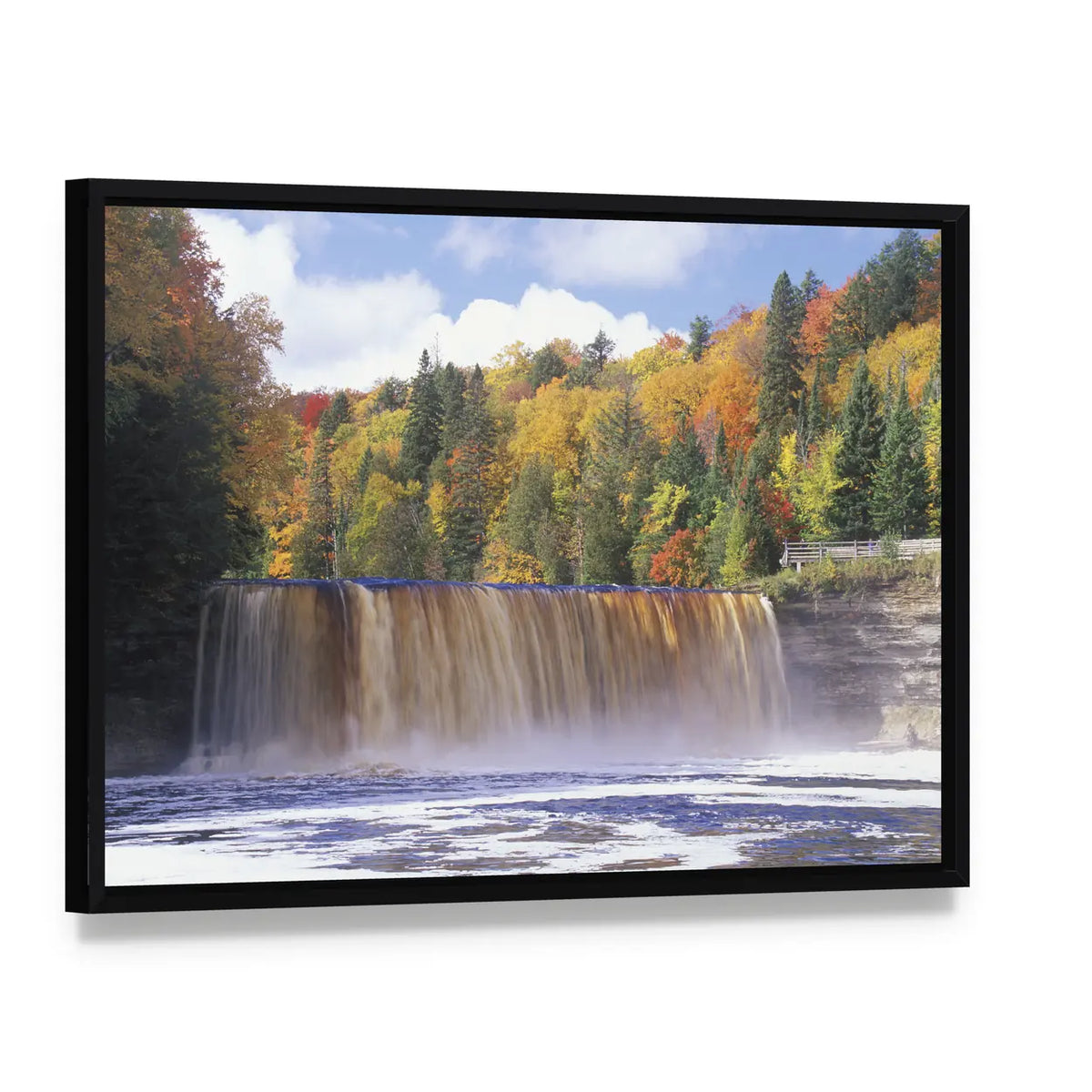 Autumn Waterfall in Michigan Canvas Wall Art, framed canvas in a black floater frame, angled product view