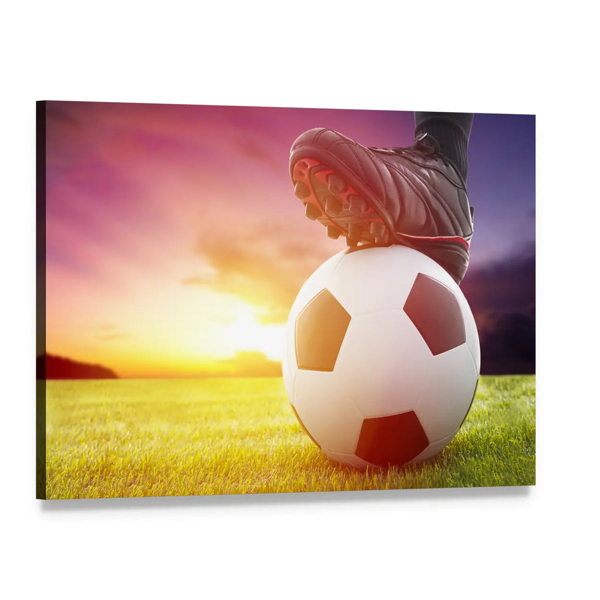Soccer Ball with Red Cleat at Sunset Canvas Wall Art, single panel gallery wrapped canvas, angled product view