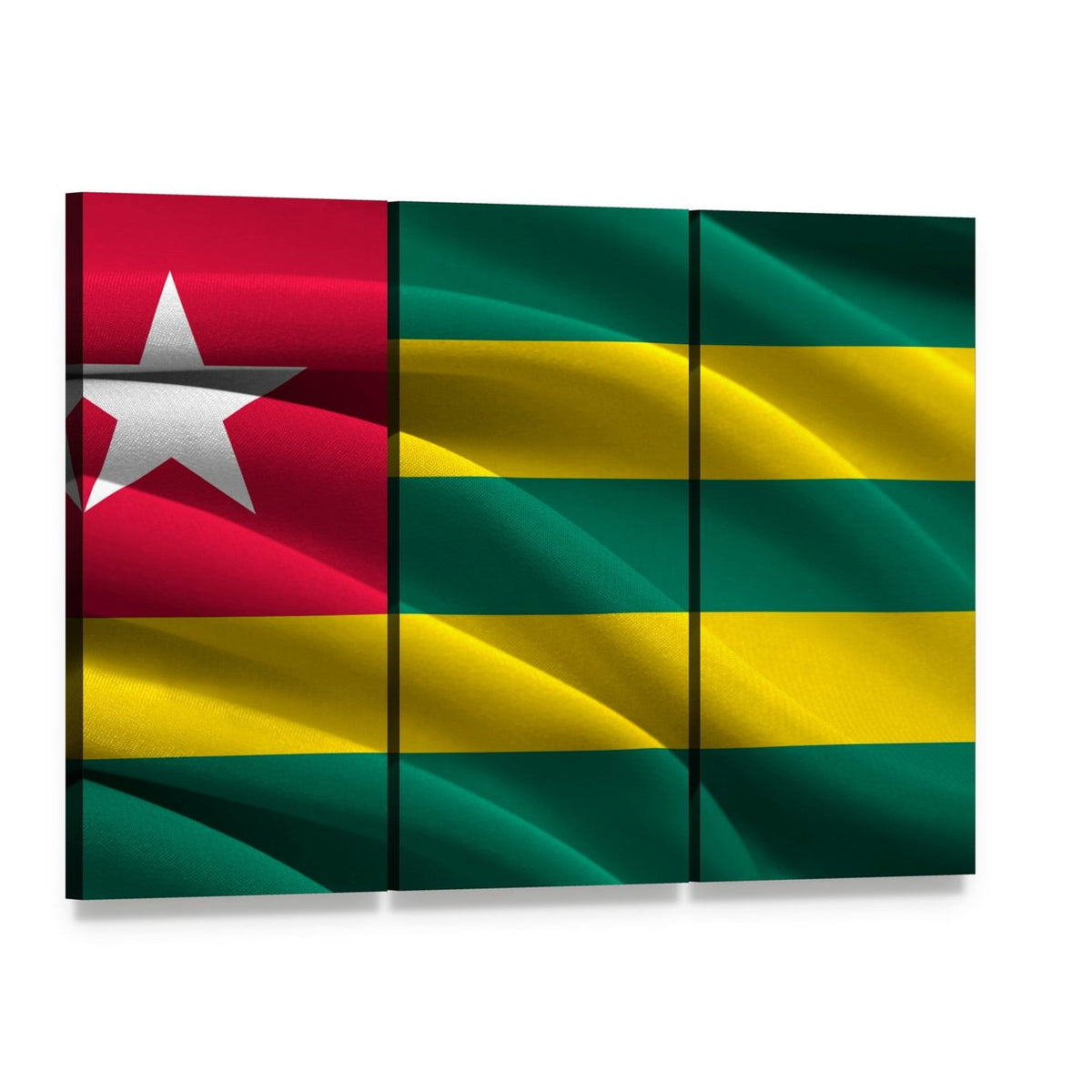 Waving Togo Flag Canvas Wall Art, 3 panel 3 Horizontal layout gallery wrapped canvas set, angled product view