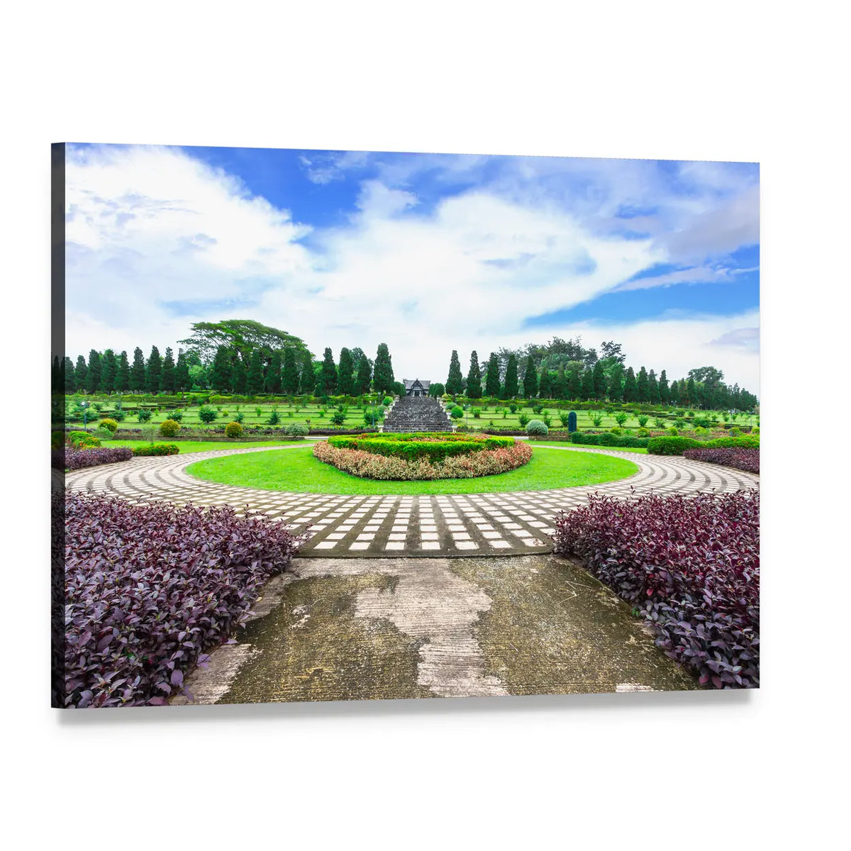Garden Flowers Around Central Fountain Canvas Wall Art, single panel gallery wrapped canvas, angled product view