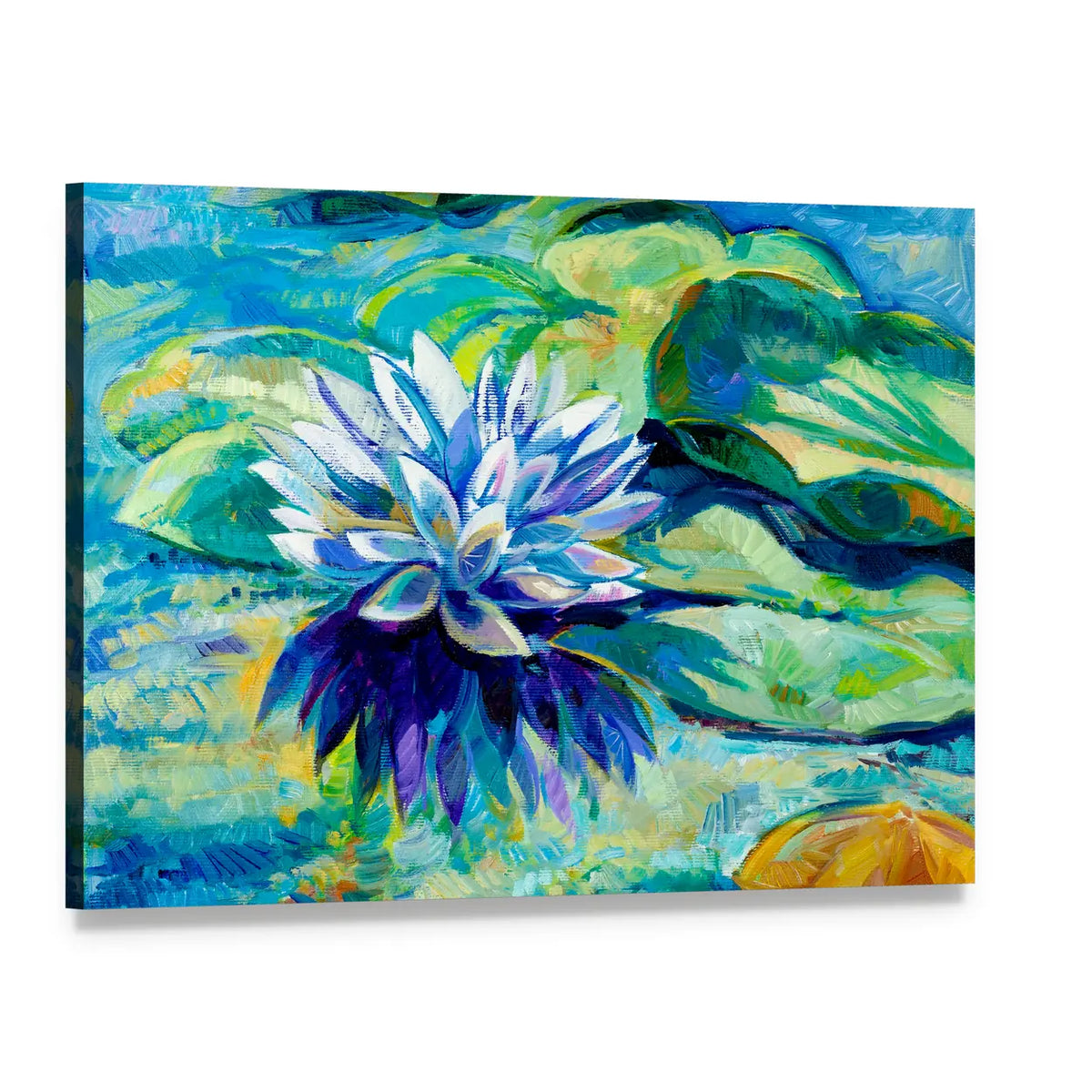 Water Lily Pond Painting Canvas Wall Art, single panel gallery wrapped canvas, angled product view
