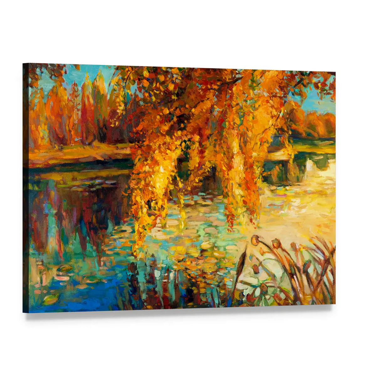 Golden Willow Over Autumn Lake Canvas Wall Art, single panel gallery wrapped canvas, angled product view