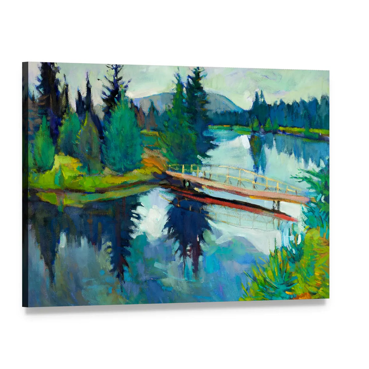 Wooden Bridge Over Reflective River Canvas Wall Art, single panel gallery wrapped canvas, angled product view