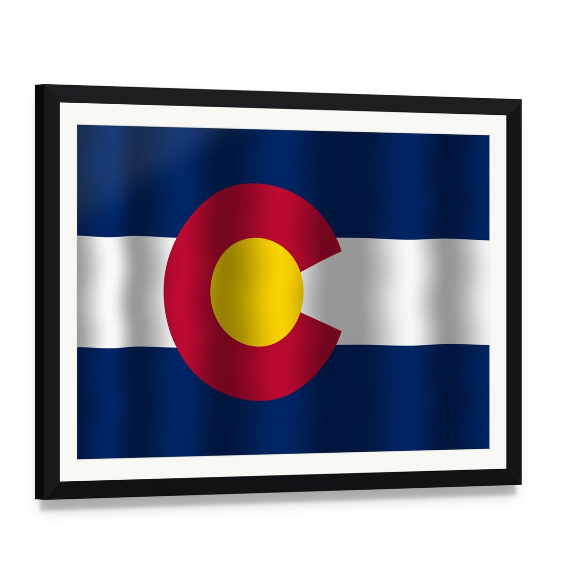 Waving Colorado State Flag Canvas Wall Art, framed print with white mat and black frame, angled product view