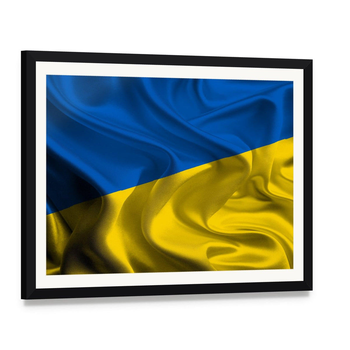 Waving Ukraine Flag Canvas Wall Art, framed print with white mat and black frame, angled product view
