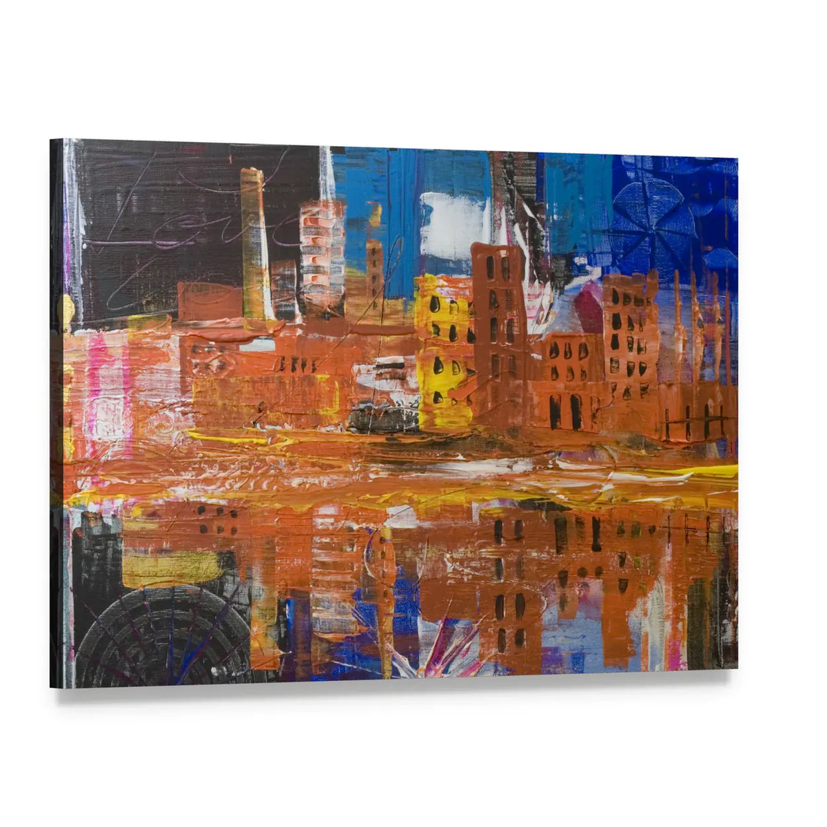 Metropolis Dusk Reflected Skyline Canvas Wall Art, single panel gallery wrapped canvas, angled product view