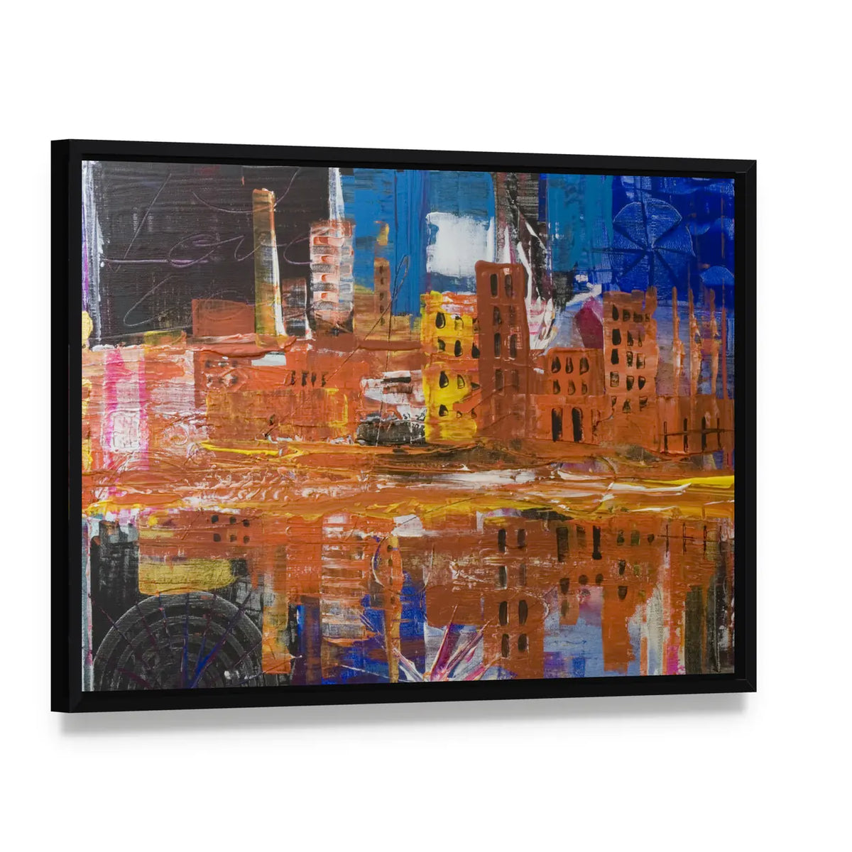 Metropolis Dusk Reflected Skyline Canvas Wall Art, framed canvas in a black floater frame, angled product view