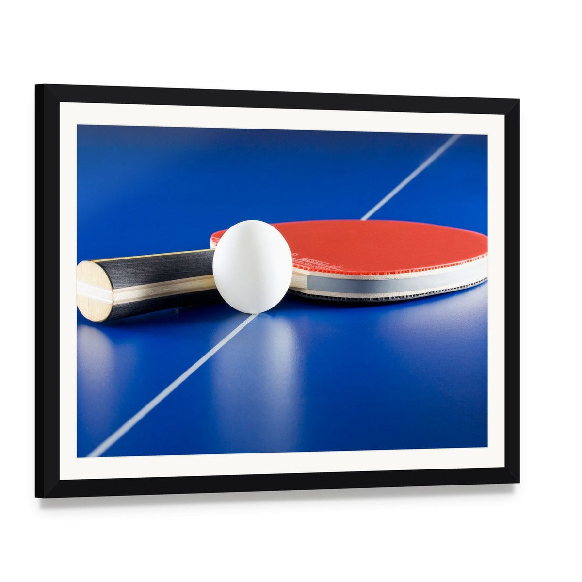 Table Tennis Racket & Ball Canvas Wall Art, framed print with white mat and black frame, angled product view