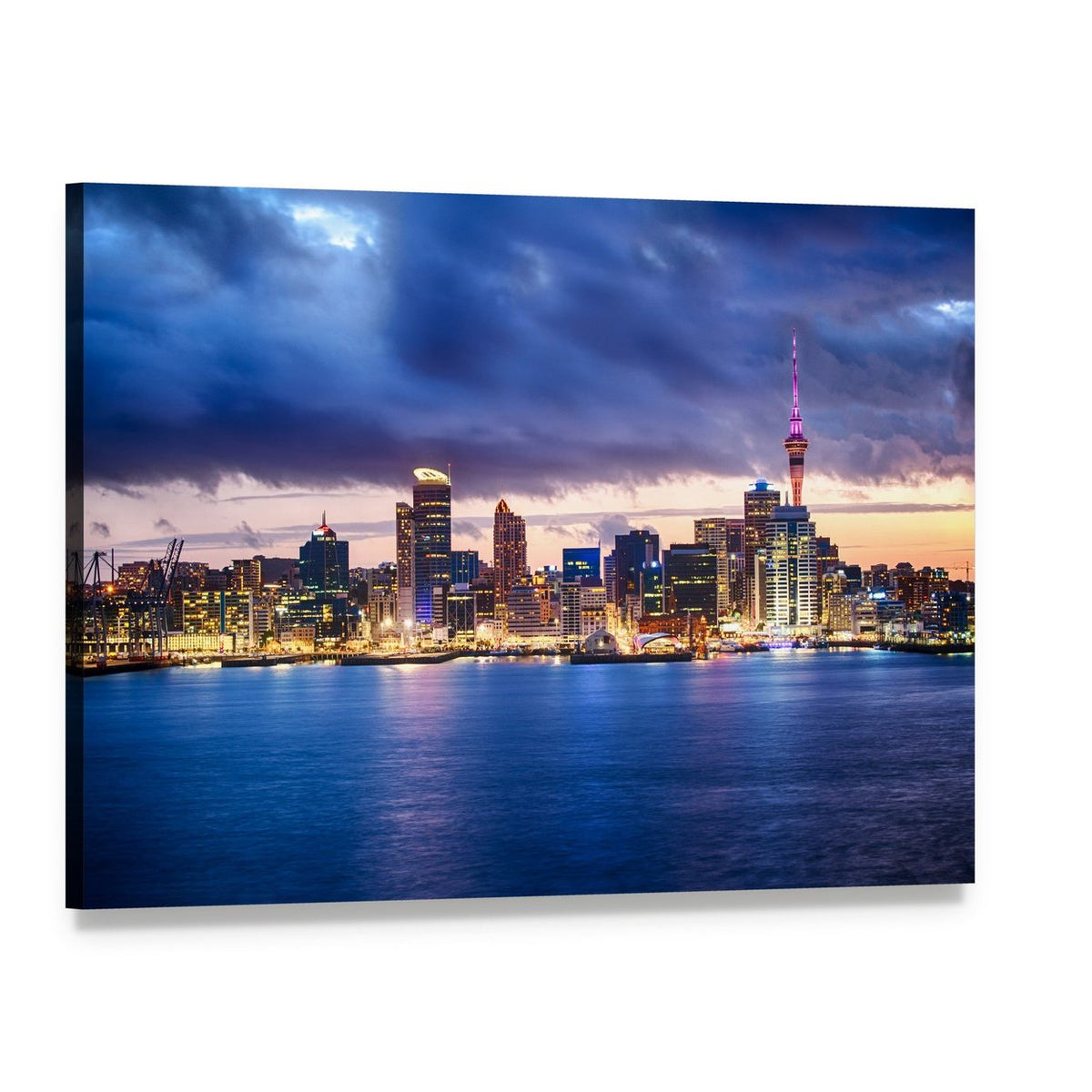 Skyline of Auckland New Zealand Canvas Wall Art, single panel gallery wrapped canvas, angled product view