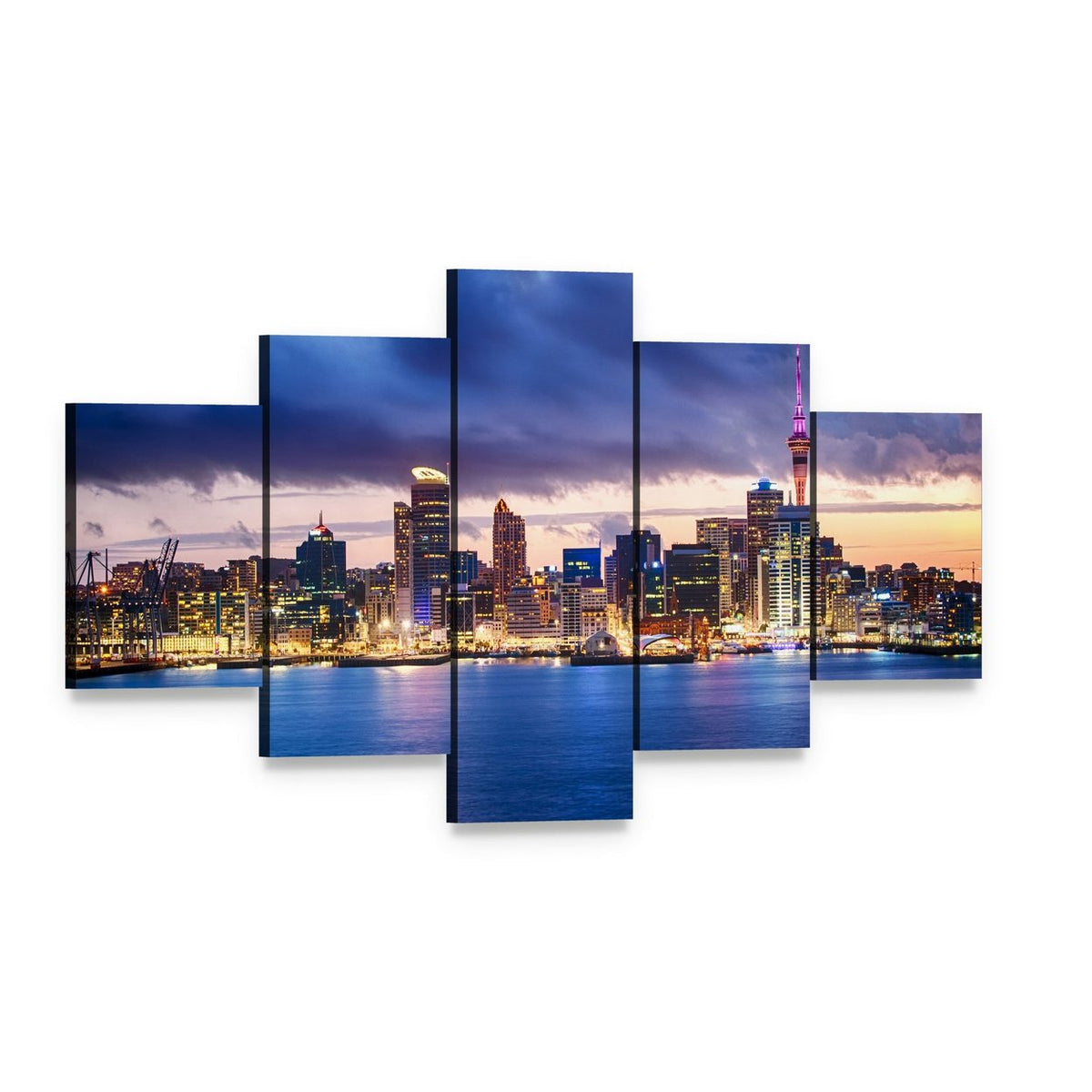 Skyline of Auckland New Zealand Canvas Wall Art, 5 panel 5 Star layout gallery wrapped canvas set, angled product view