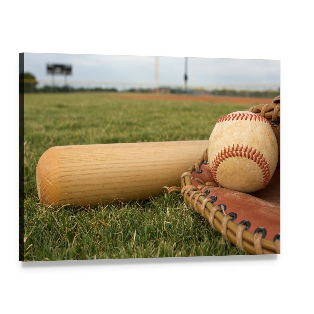 Baseball & Bat on Field Canvas Wall Art, single panel gallery wrapped canvas, angled product view