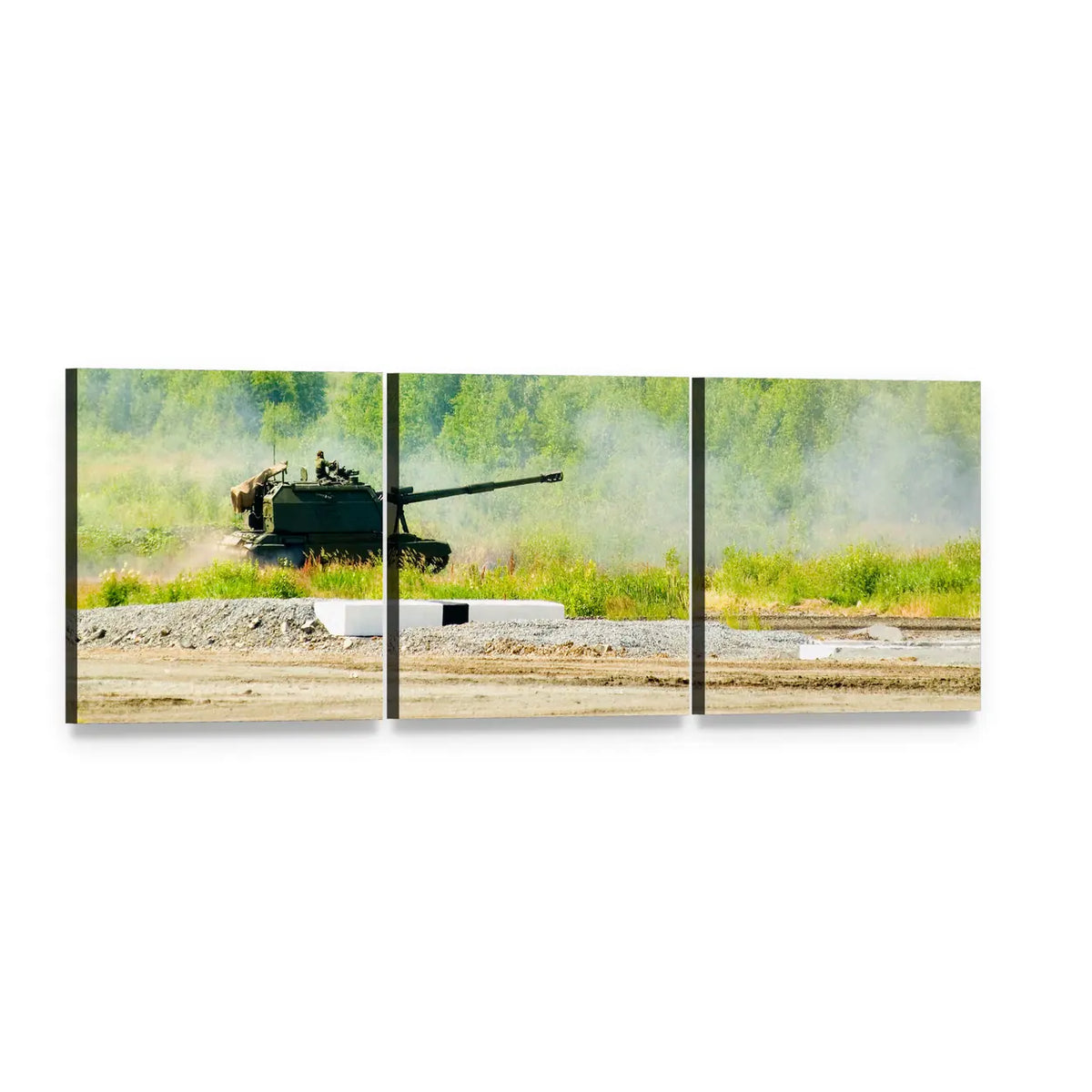 Tank in Nizhniy Tagil Panoramic Canvas Wall Art, 3 panel 3 Piece layout gallery wrapped canvas set, angled product view