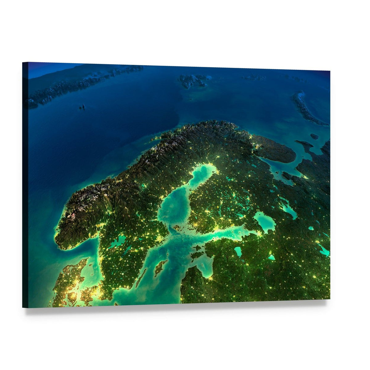Sweden from Space Canvas Wall Art, single panel gallery wrapped canvas, angled product view
