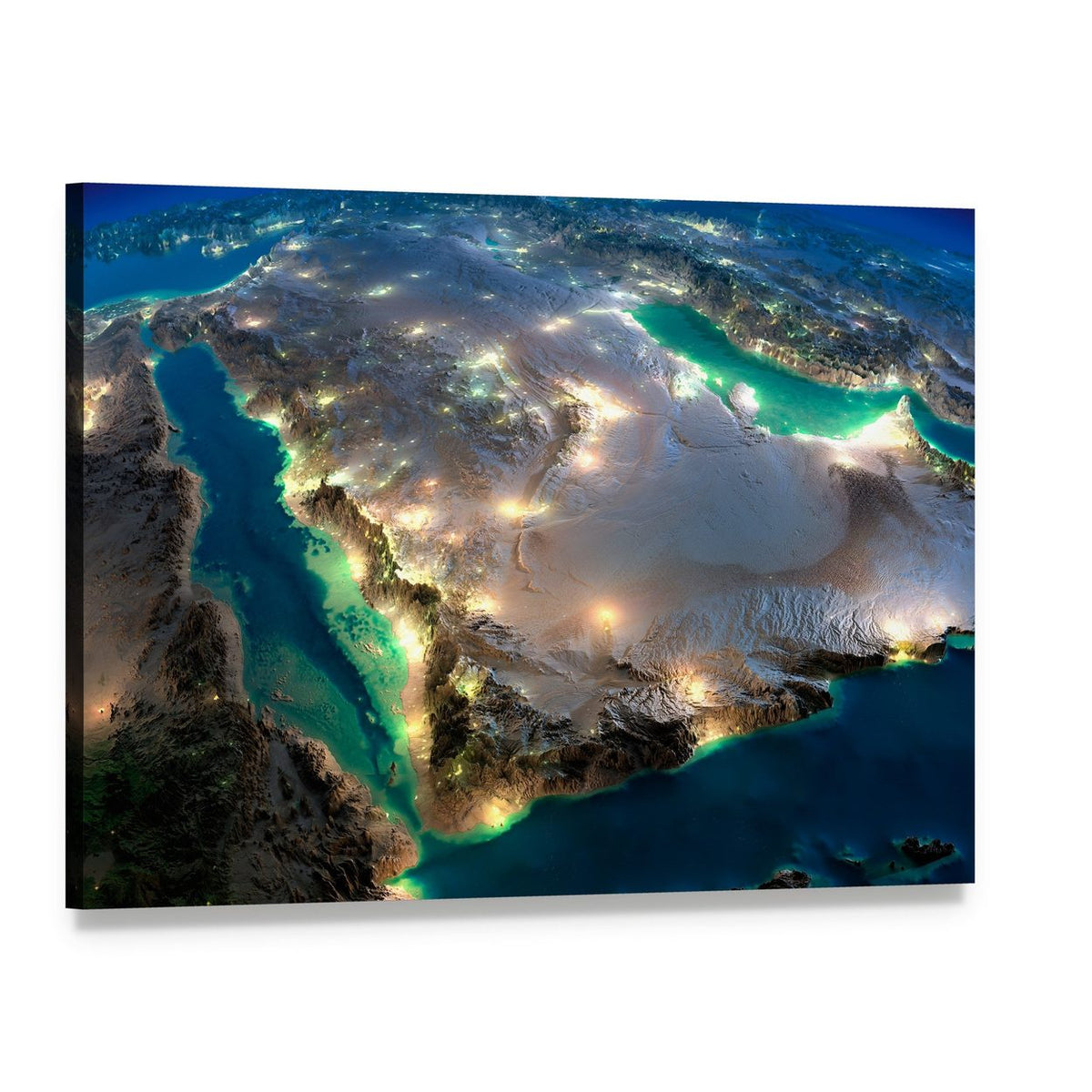 Saudi Arabia from Space at Night Canvas Wall Art, single panel gallery wrapped canvas, angled product view