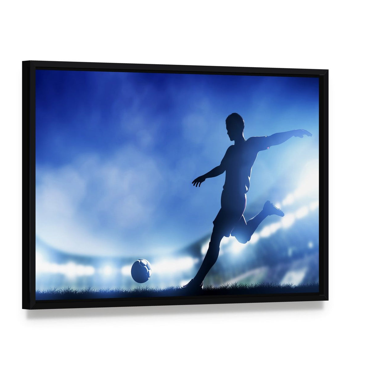 Soccer Match and Player Canvas Wall Art, framed canvas in a black floater frame, angled product view