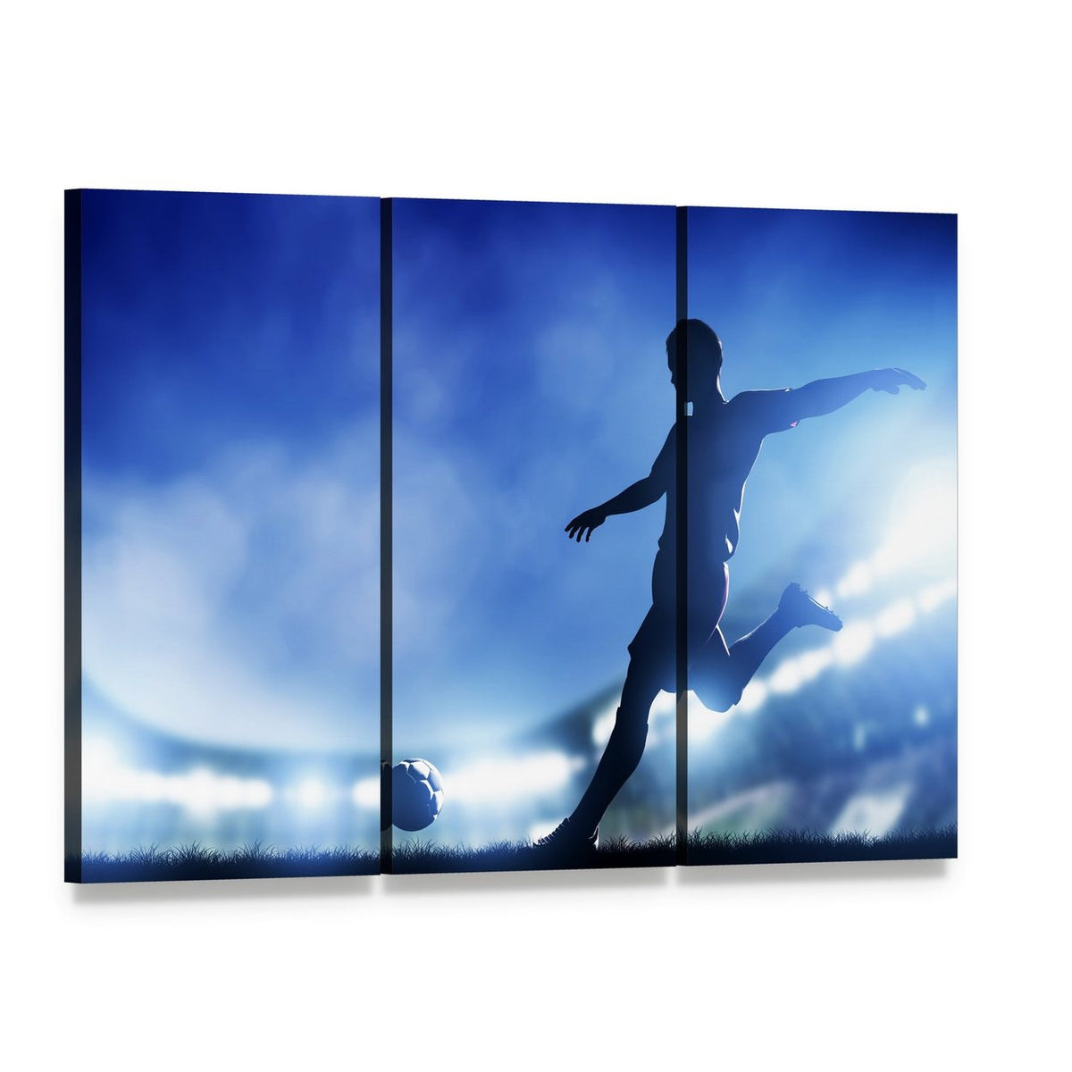 Soccer Match and Player Canvas Wall Art, 3 panel 3 Horizontal layout gallery wrapped canvas set, angled product view