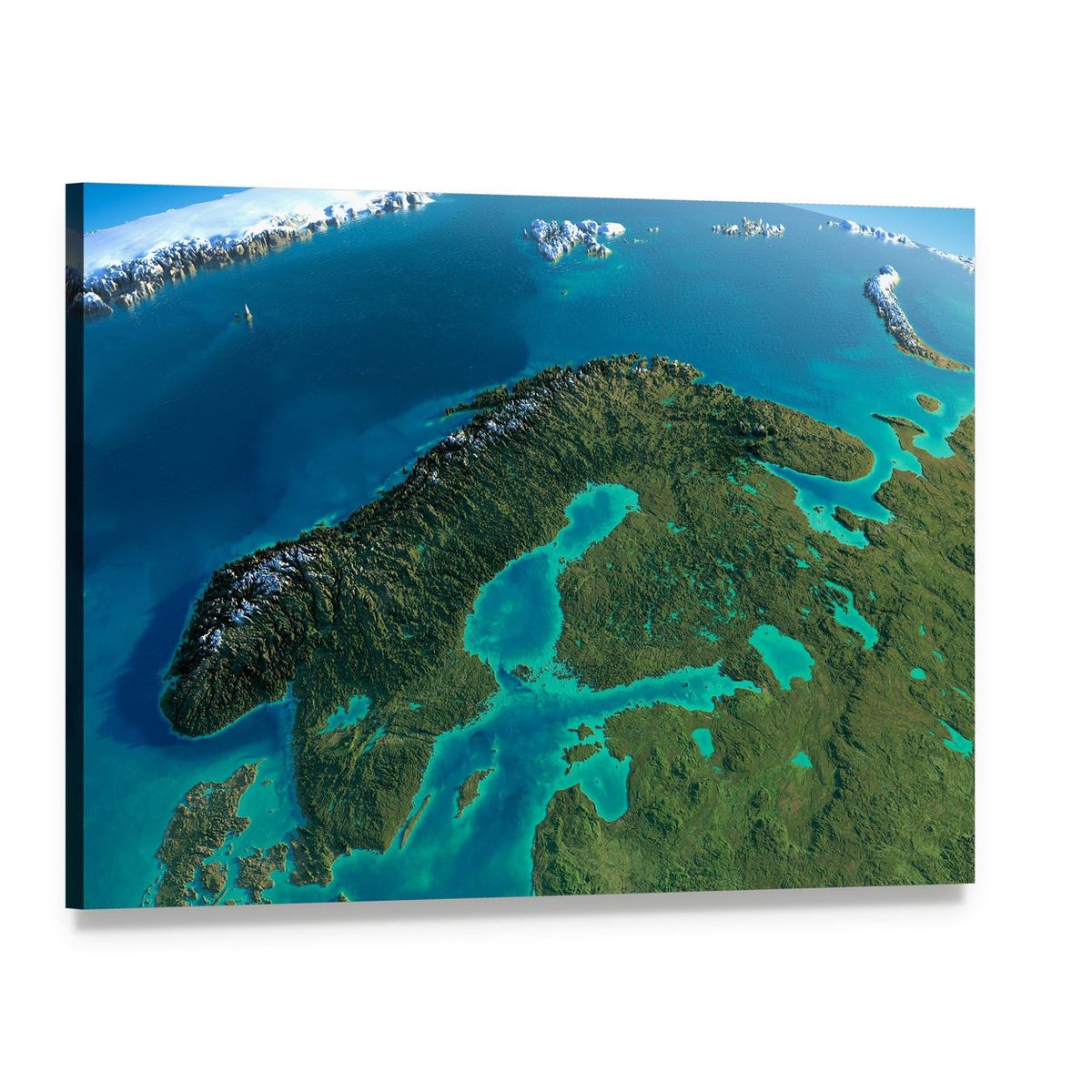 Morning View of Sweden from Space Canvas Wall Art, single panel gallery wrapped canvas, angled product view