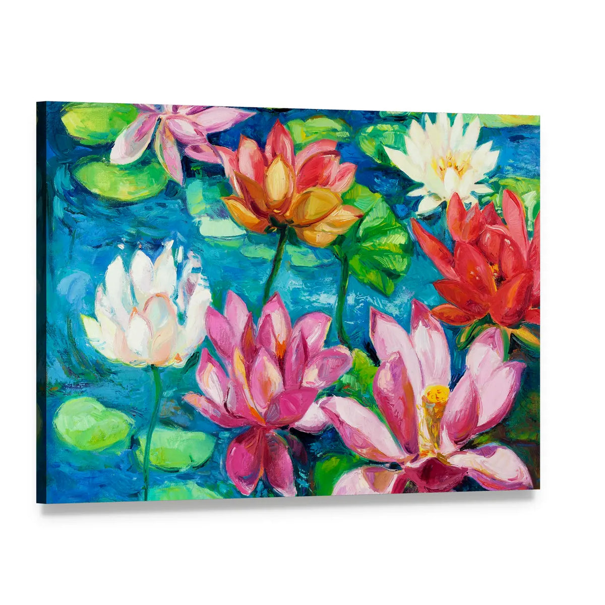 Lotus and Water Lilies Close-up Canvas Wall Art, single panel gallery wrapped canvas, angled product view