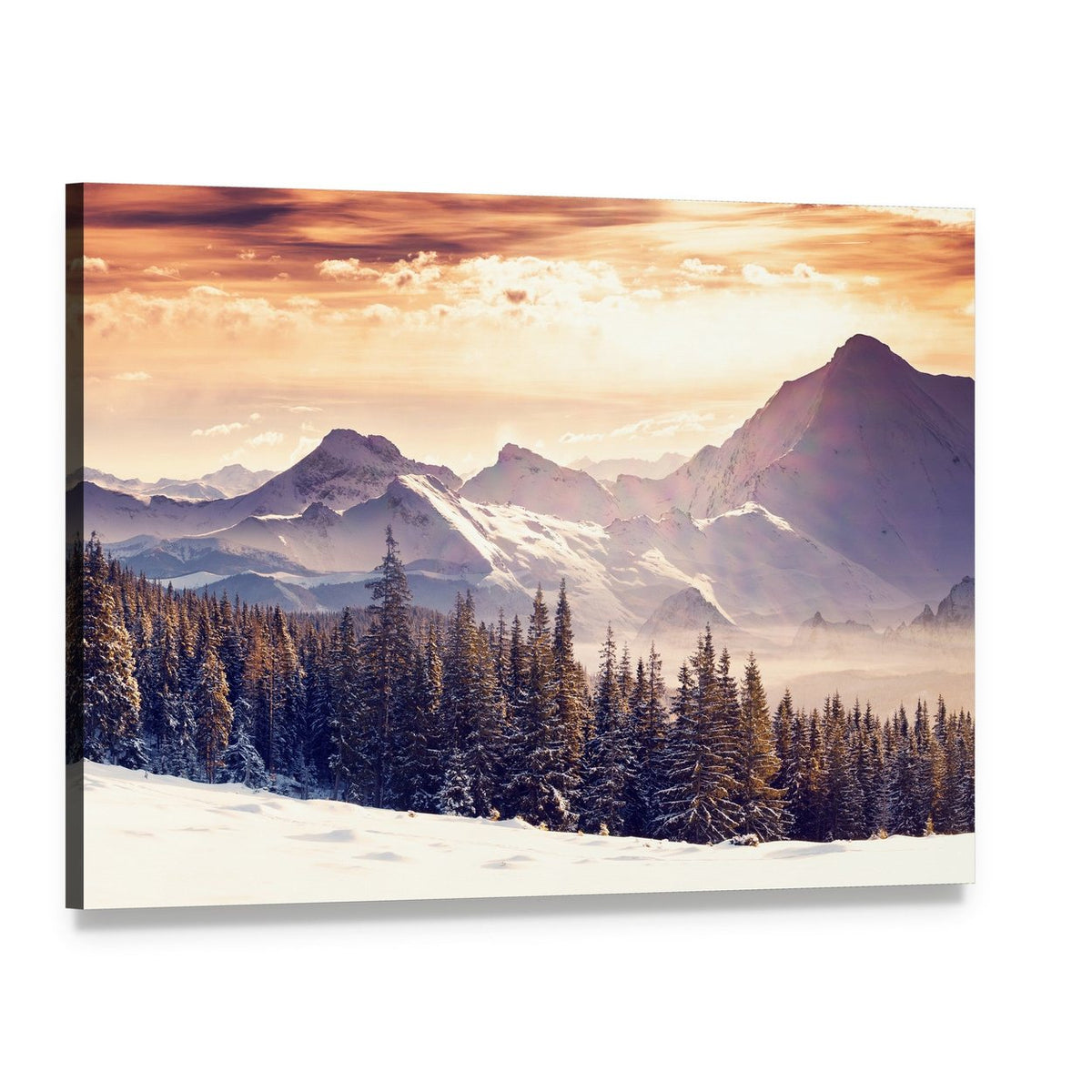 Evening Winter Mountain Landscape Canvas Wall Art, single panel gallery wrapped canvas, angled product view