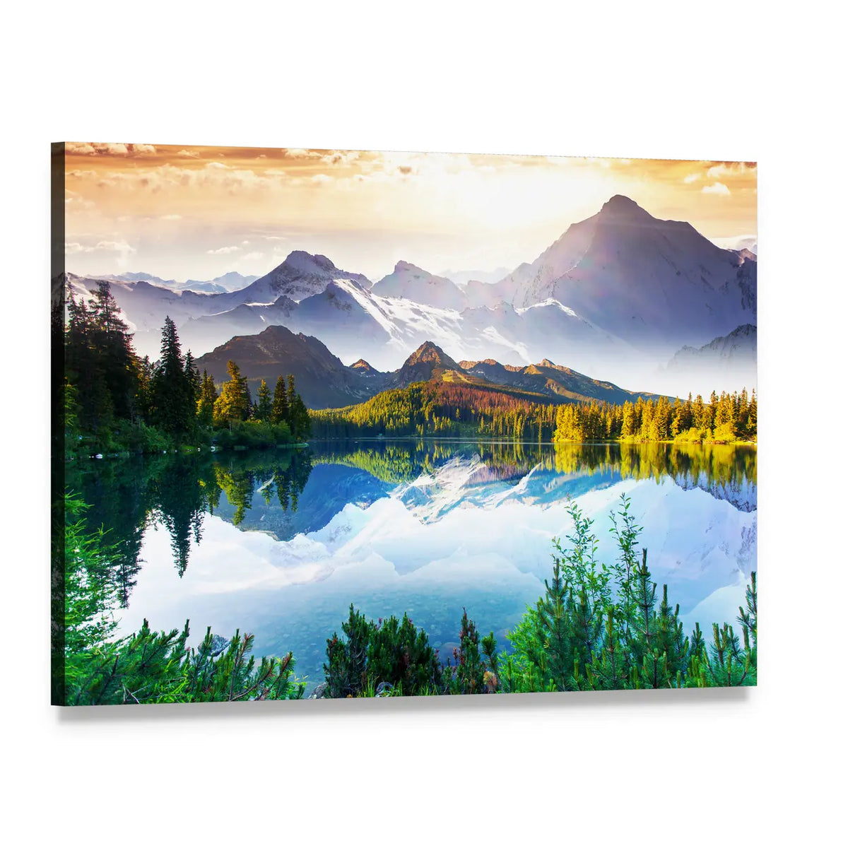 Sunlit Mountains and Alpine Lake Canvas Wall Art, single panel gallery wrapped canvas, angled product view