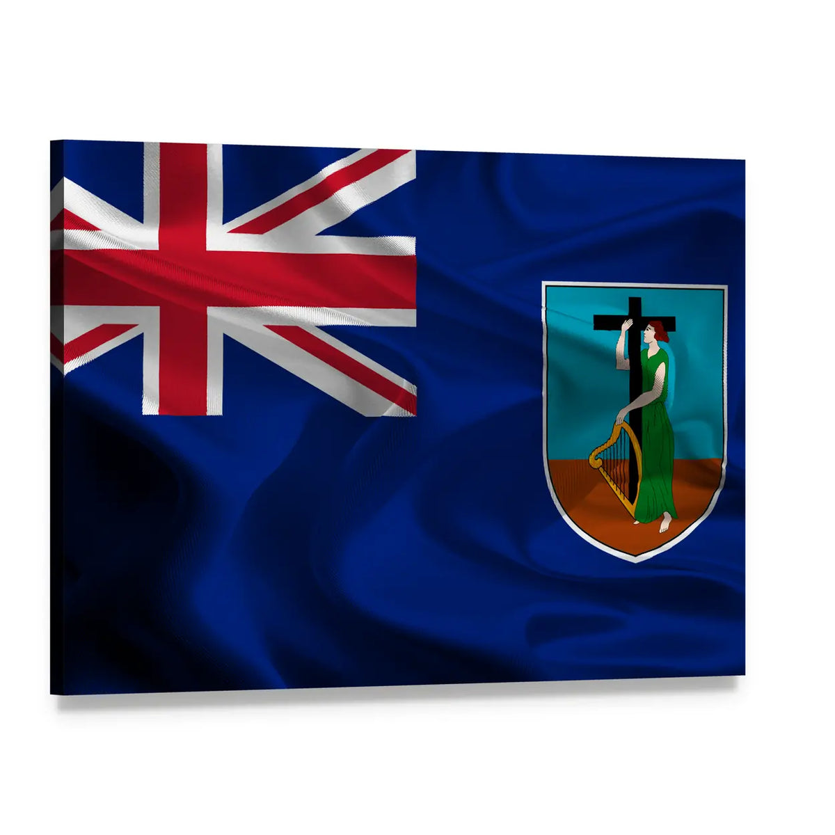 Montserrat Flag with Union Jack and Coat of Arms Canvas Wall Art, single panel gallery wrapped canvas, angled product view