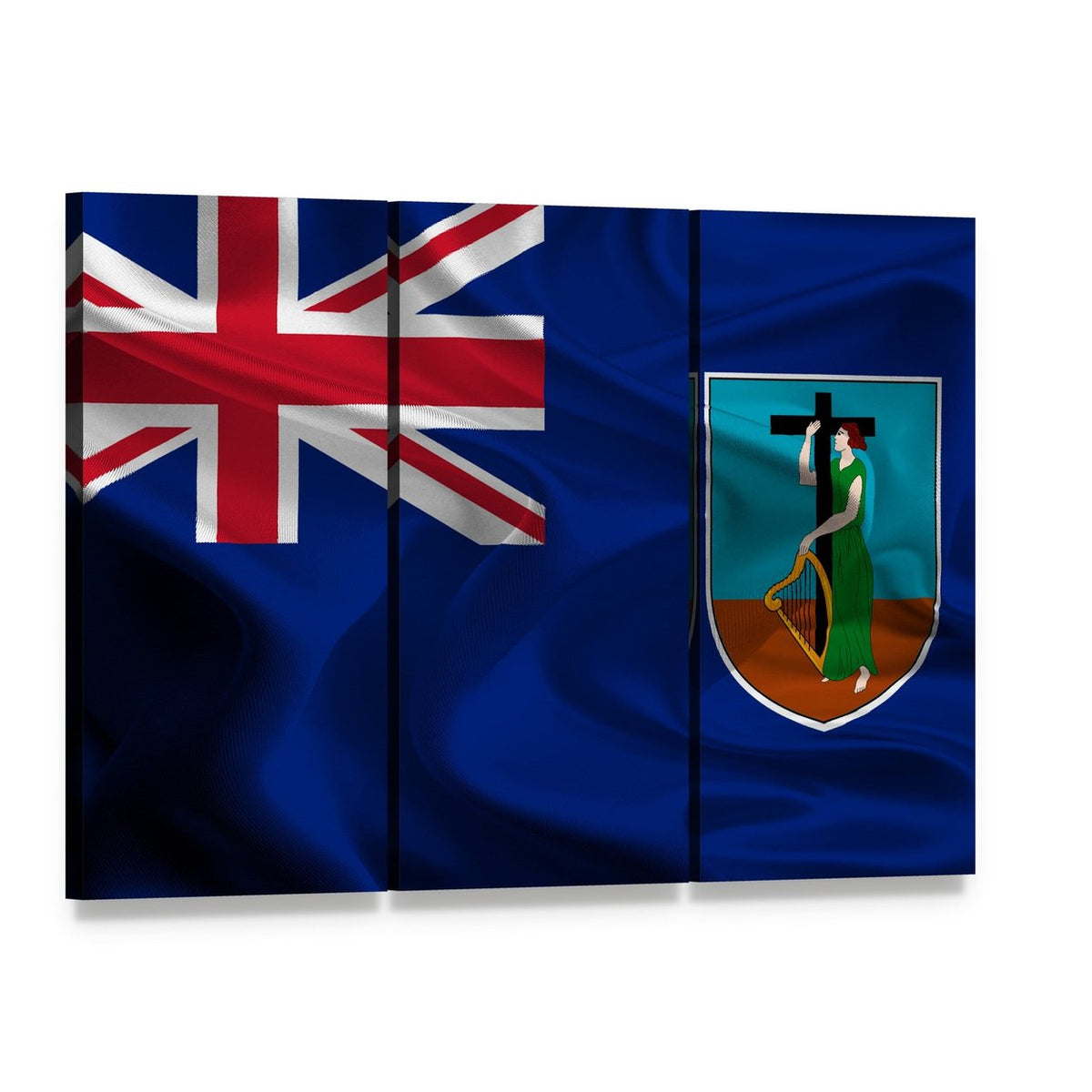Montserrat Flag with Coat of Arms Canvas Wall Art, 3 panel 3 Horizontal layout gallery wrapped canvas set, angled product view