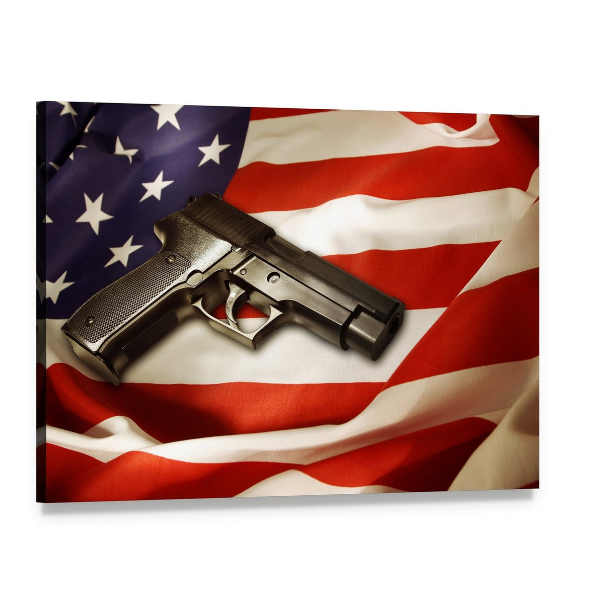 Gun on American Flag Canvas Wall Art, single panel gallery wrapped canvas, angled product view