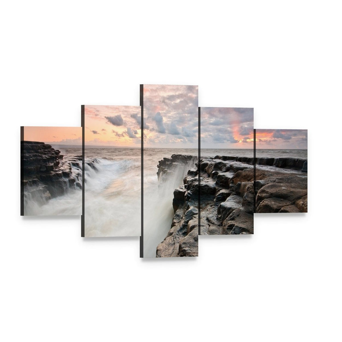 Tide at Monknash Beach Canvas Wall Art, 5 panel 5 Star layout gallery wrapped canvas set, angled product view