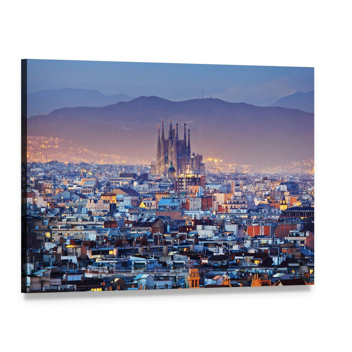 Barcelona Skyline at Twilight Canvas Wall Art, single panel gallery wrapped canvas, angled product view