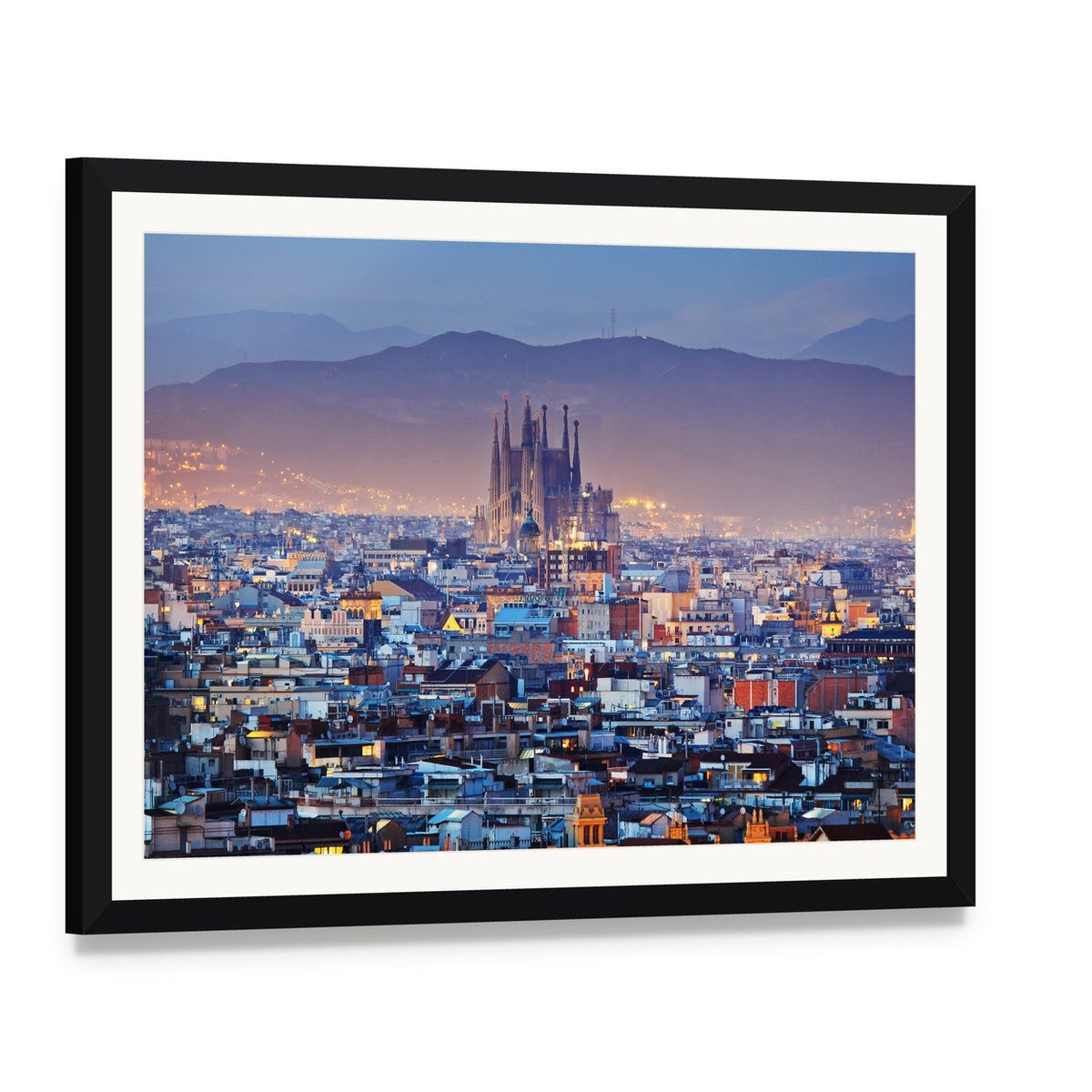 Barcelona Skyline at Twilight Canvas Wall Art, framed print with white mat and black frame, angled product view