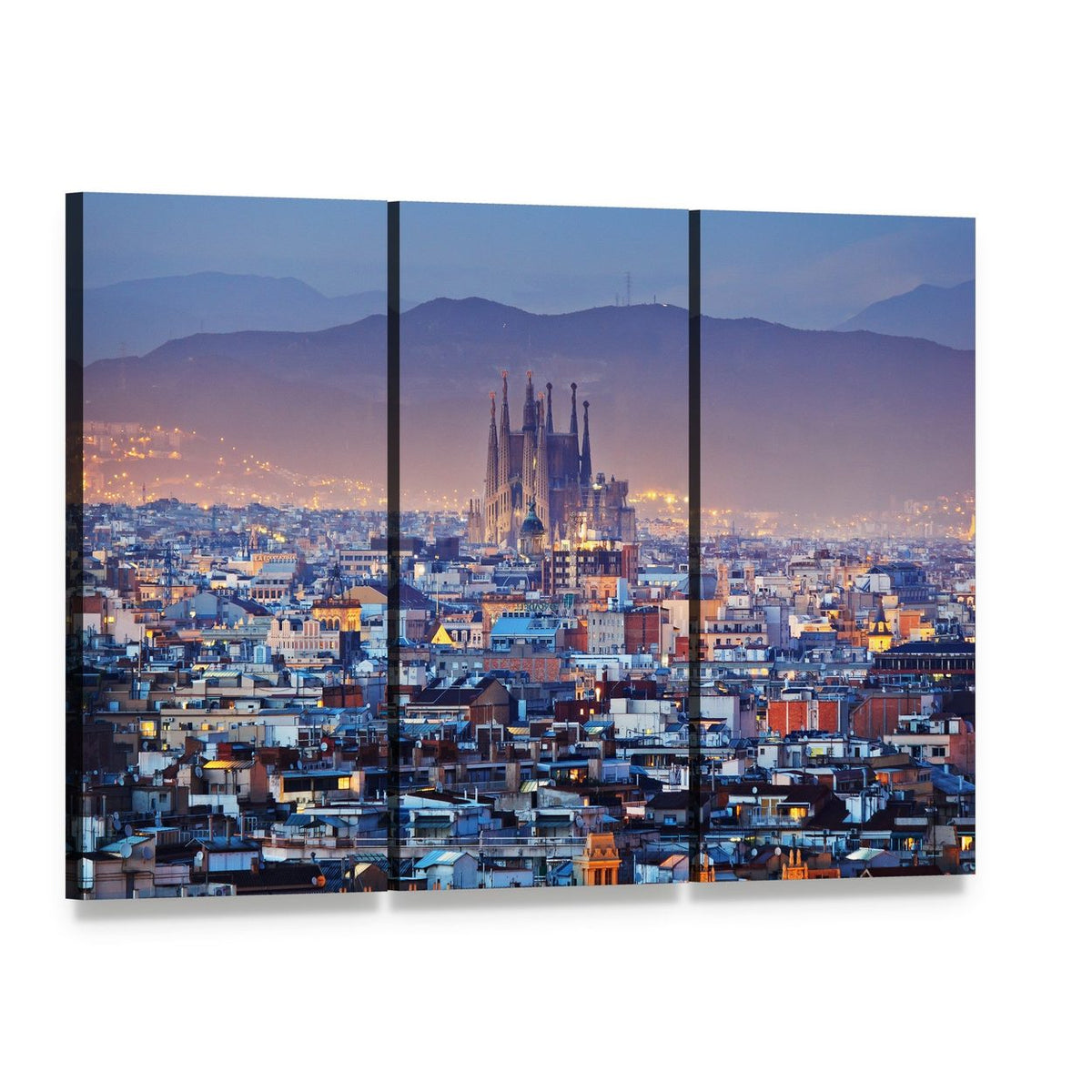 Barcelona Skyline at Twilight Canvas Wall Art, 3 panel 3 Horizontal layout gallery wrapped canvas set, angled product view