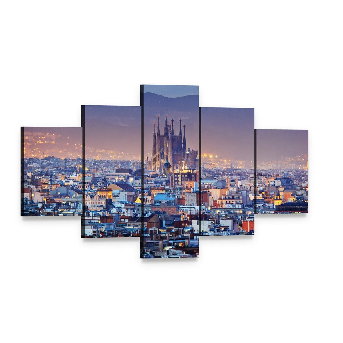 Barcelona Skyline at Twilight Canvas Wall Art, 5 panel 5 Star layout gallery wrapped canvas set, angled product view